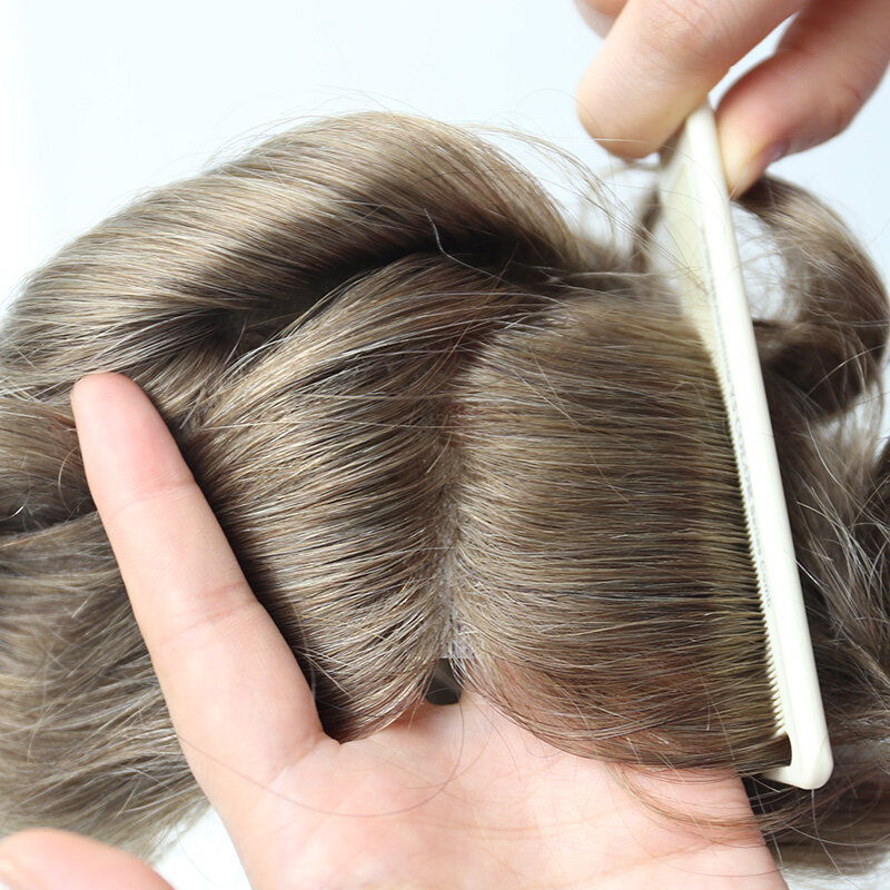 #17 miód blond przystojny ludzki włos Toupees Peruke peruki 100% włosy naturalne wymiana krótki niewielkie fali 7x 9 szwajcarska koronka