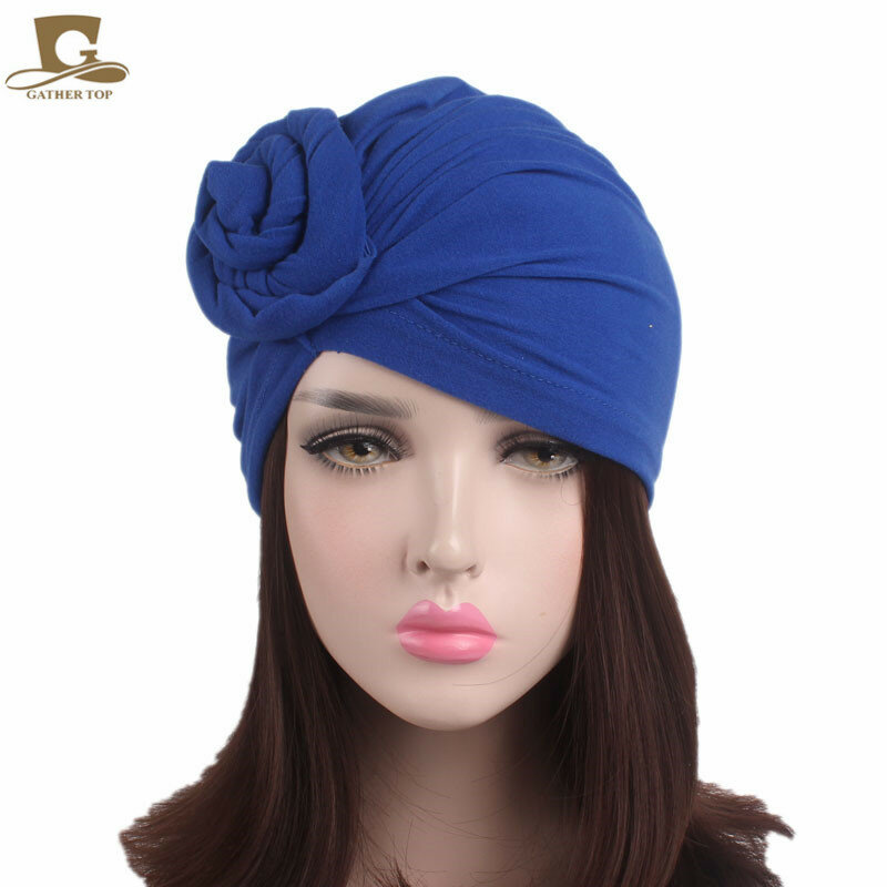 Turbante de algodón con nudo superior para mujer, decoración de flores, envoltura para la cabeza, cubierta para el cabello musulmana, gorro para la cabeza, accesorios para sombreros de la India de Color sólido