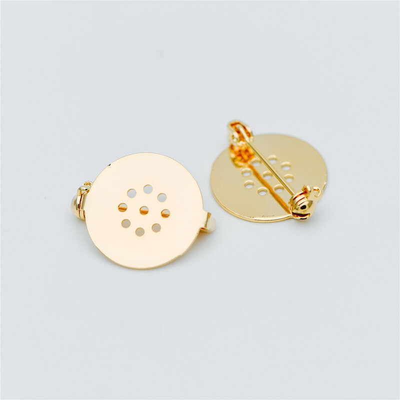 Alfiler de broche de oro de 10 piezas, espacios en blanco de cabujón de almohadilla plana de 18mm, accesorios de broche de Latón chapado en oro (GB-636)