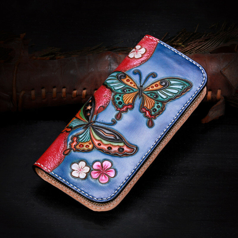 Billeteras de cuero genuino para mujer, bolso con cremallera, estampado de flores, mariposa tallada, bolso de mano, cuero curtido vegetal, regalo de madre