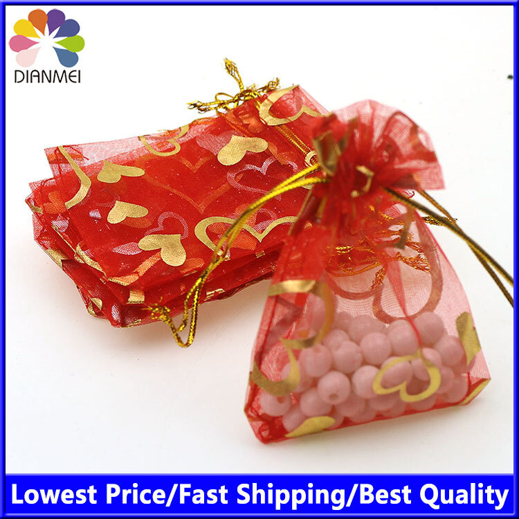 Подарочные мешочки из органзы с красным сердцем, маленькие мешочки для подарков 7x9 см, 100 шт./лот, оптовая продажа