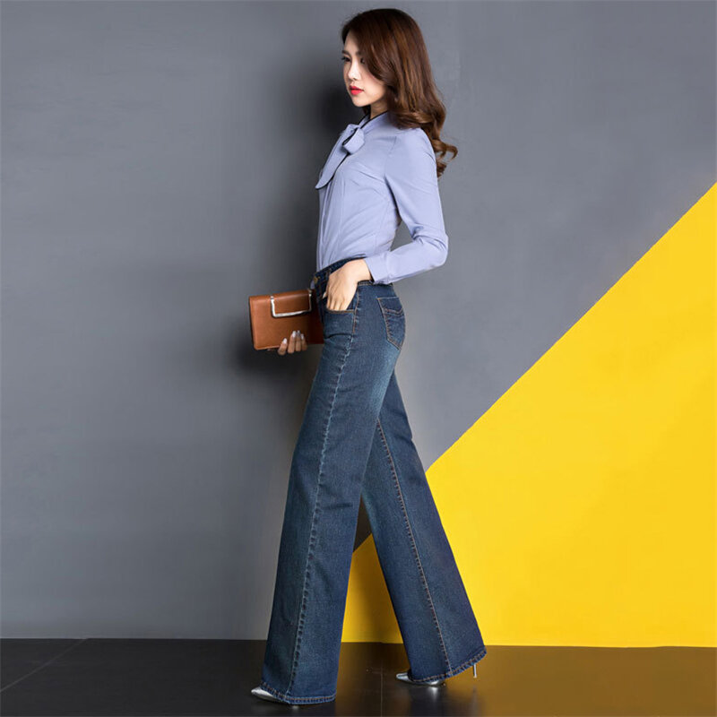 Maman Jeans Bleu Clair Noir Plus La Taille Jambe Large Pantalon 2019 Nouveau Printemps Coréenne Casual Flare Long Lâche Taille Haute jeans Feminina LR5