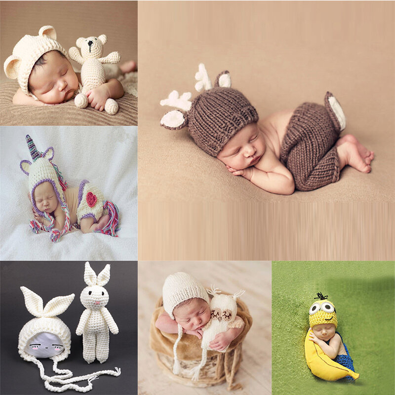 Accesorios de fotografía recién nacido sombrero de bebé con diseño de ciervos hecho a mano Crochet disfraz de venado gorros de punto y pantalones 