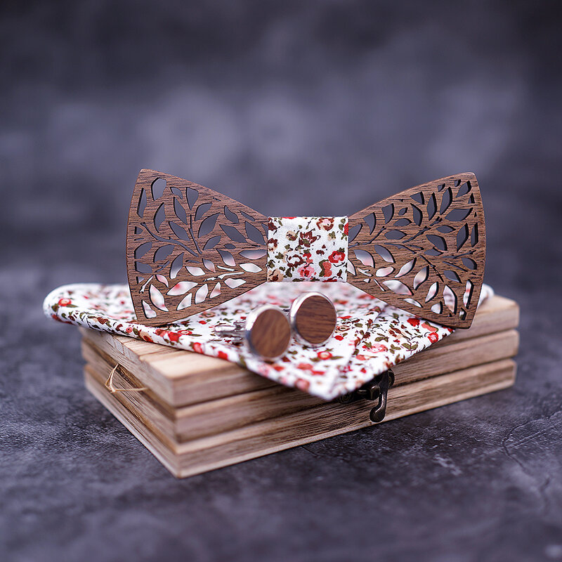 Mahoosive-pañuelos hechos a mano para hombre, corbatín de madera y gemelos, pajarita preatada para fiesta de boda, caja de regalo de madera