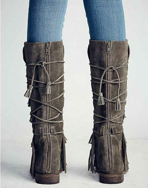 new arrival tassel long boots gray lace-up fringe mid-calf suede leather boots flat back zipper winter boots plus size 42
