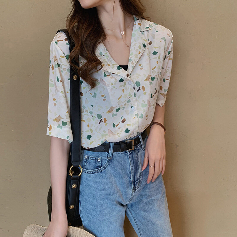 夏の女性の薄いシフォンシャツ新韓国印刷ブラウス女性半袖ターンダウン襟因果ルースファッション H9001 トップス