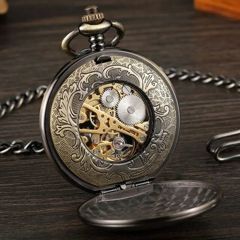 Reloj de bolsillo mecánico de viento de mano hueca de doble cara con cadena para hombre, negro, bronce, Steampunk, colgante Vintage, Fob