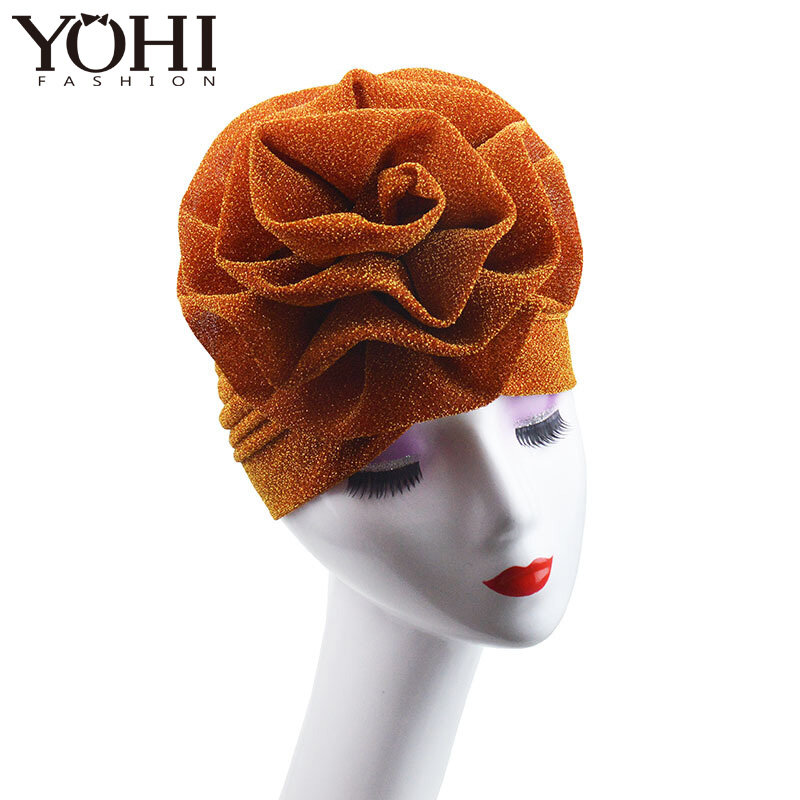 Nowy luksusowy muzułmańskie nakrycia głowy z jasny jedwab i duże kwieciste indie kapelusz kobiety turban szalik szef wrap Turbante