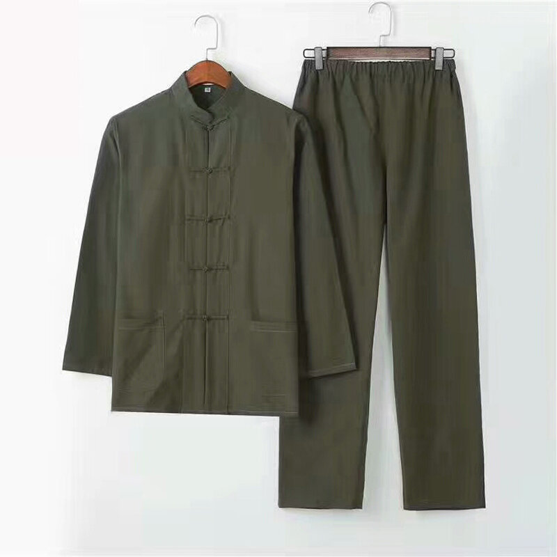 2PC abito da uomo solido Kung Fu cinese tradizionale maschio 100% cotone sciolto Wu Shu Tai Chi set giacca pantaloni lunghi