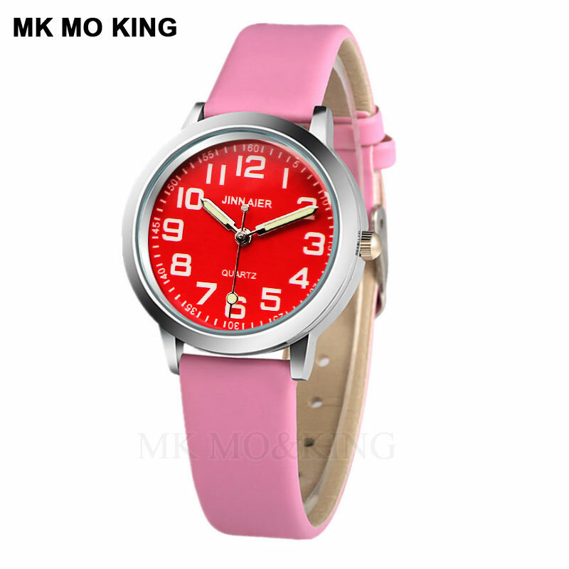 Neue Kindermode Uhr lässig rot rosa Leder Quarz Junge Uhr Weihnachts feier Mädchen Geschenk Relogio Kol Saati Uhr