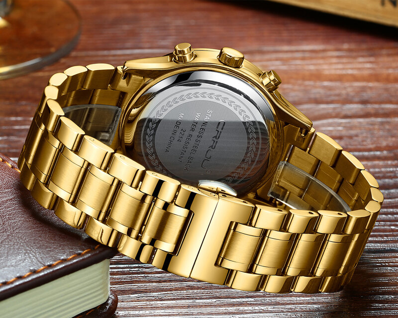 CRRJU Chronograph Durable Clocks Men Casual Business Waterproof Gold Black Full Steel Quartz Wristwatch Relogio Masculino 2214