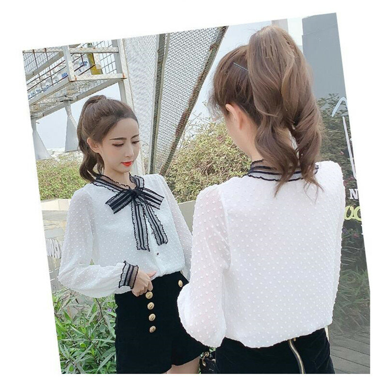 Musim Semi Baru Sifon Korea Kemeja Wanita Ikatan Simpul Lengan Panjang Blus Putih Pakaian Gadis Musim Panas Musim Gugur Fashion Tipis Atas H9140