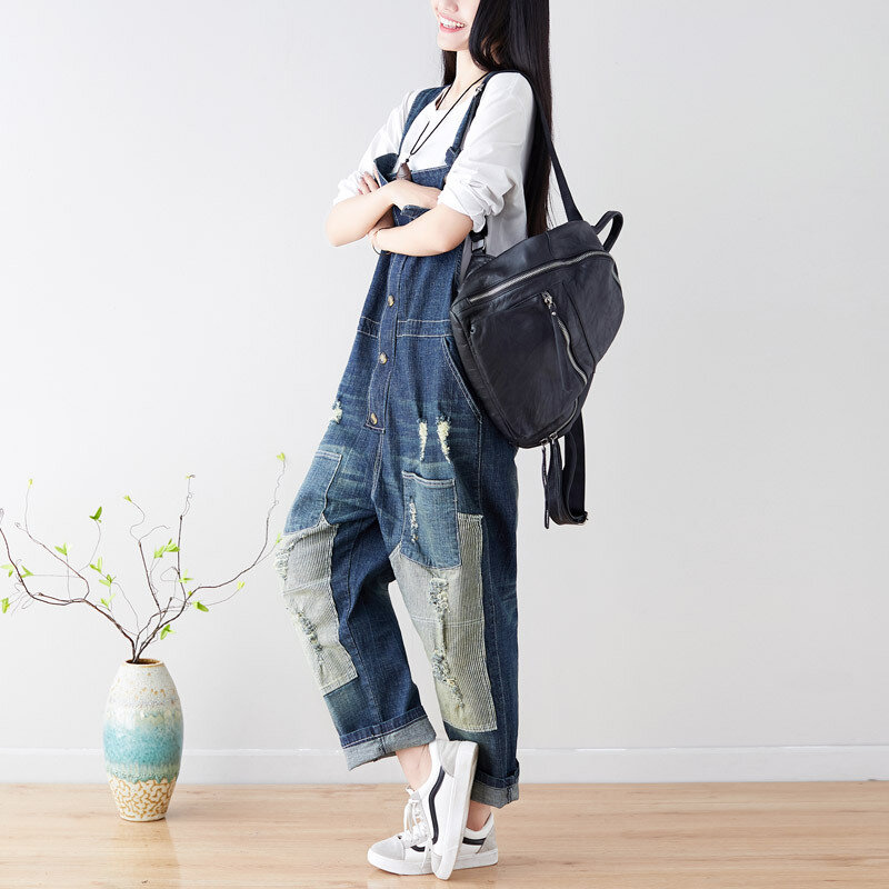 Pantalones vaqueros holgados de pierna ancha para mujer, pantalón informal de talla grande con parche y agujeros antiguos, novedad de primavera 2019