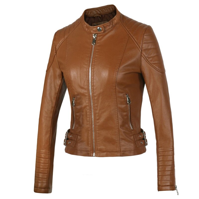 Blouson en cuir marron pour femme, 5 couleurs, nouvelle collection hiver-automne 2021