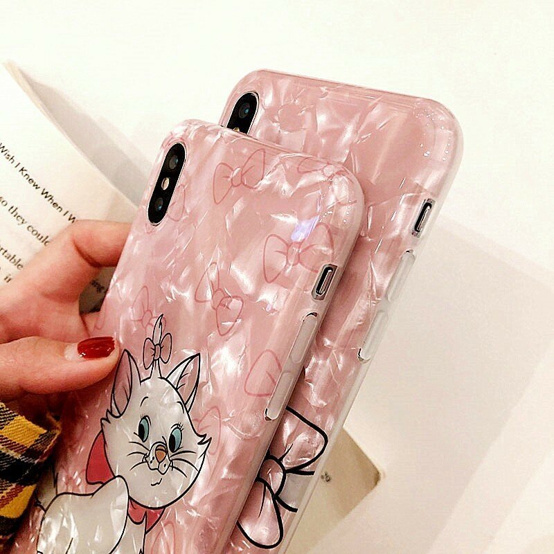 Cute Pink Cat Marie Phone Case For iphone 7 Case XS MAX XR X 6 8 Plus Lovely Funny Cartoon Glossy Marble Conch Shell Soft Cover