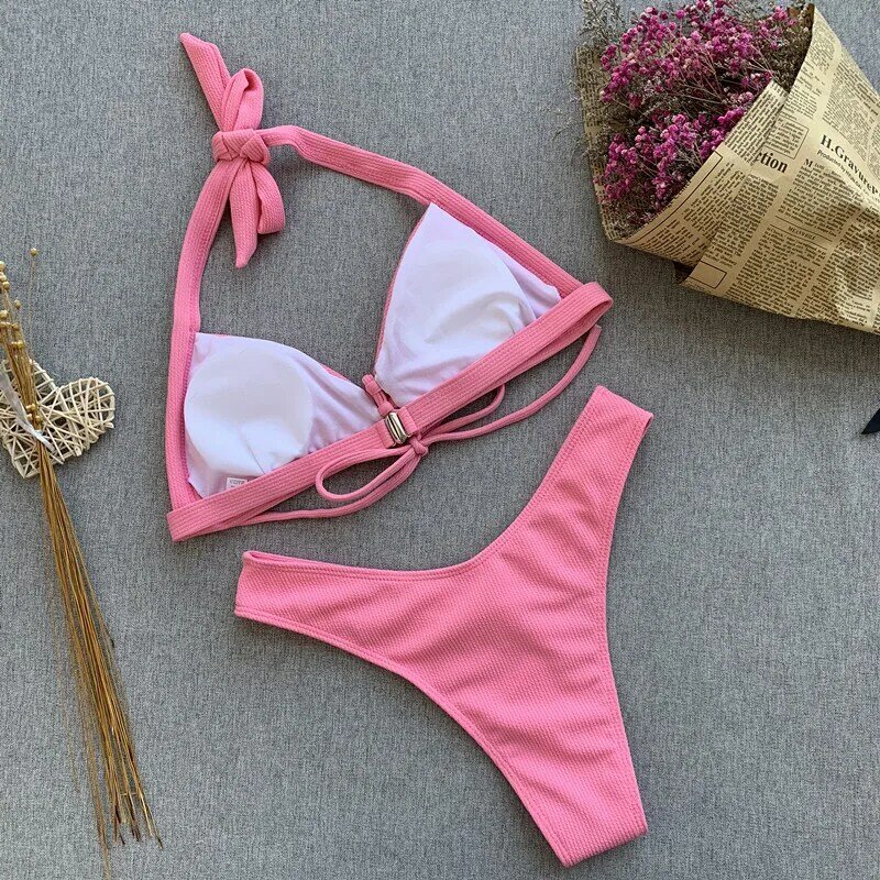 Peachtan halter 섹시한 비키니 마이크로 늑골이있는 분홍색 수영복 여자 2019 수영복은 수영복을 밀어 여자 biquini 여름 바닷가 착용