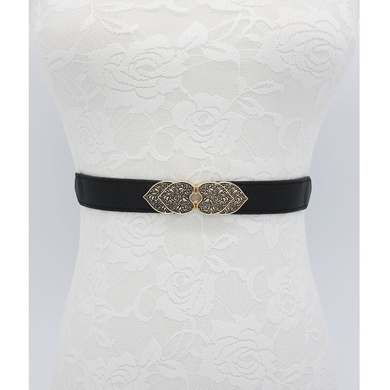 Fashion Vintage buckle belts for women wedding stretch carved design waistbands elastic thin cummerbunds for dress black party