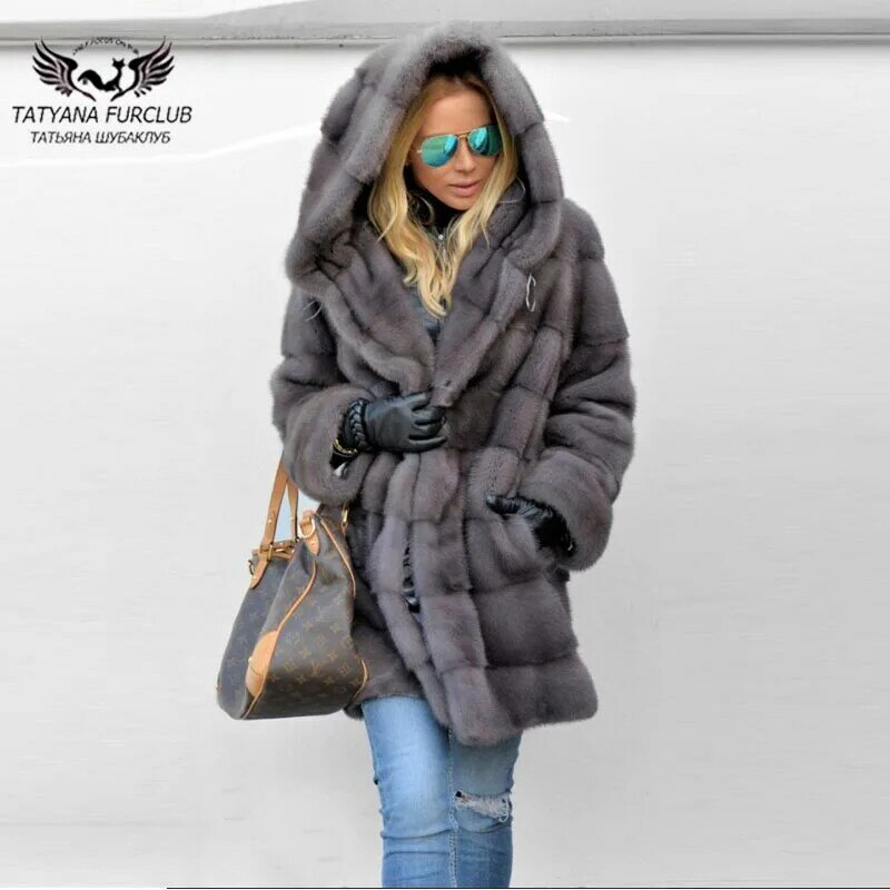 Tatyana-furclub 럭셔리 진품 밍크 모피 코트 여성용, 두꺼운 전체 펠트 따뜻한 재킷, 큰 모피 후드 포함, 겨울 밍크 모피