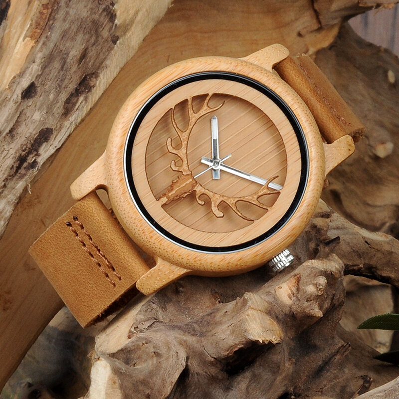 Мужские наручные часы BOBO BIRD из бамбука, кварцевые наручные часы с ремешком из натуральной кожи и дизайном оленя, Прямая поставка