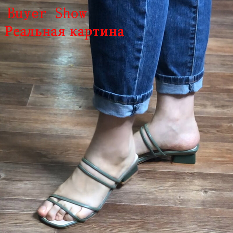 Slip On zapatillas mujer 2019 moda tacones cuadrados zapatos de mujer blancos verano suave elegante correa sandalias señoras playa chanclas