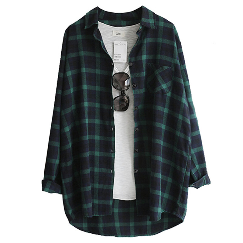 Blusa xadrez para mulheres, camisa de algodão solta, manga comprida, casual, moda, primavera e outono, 2019
