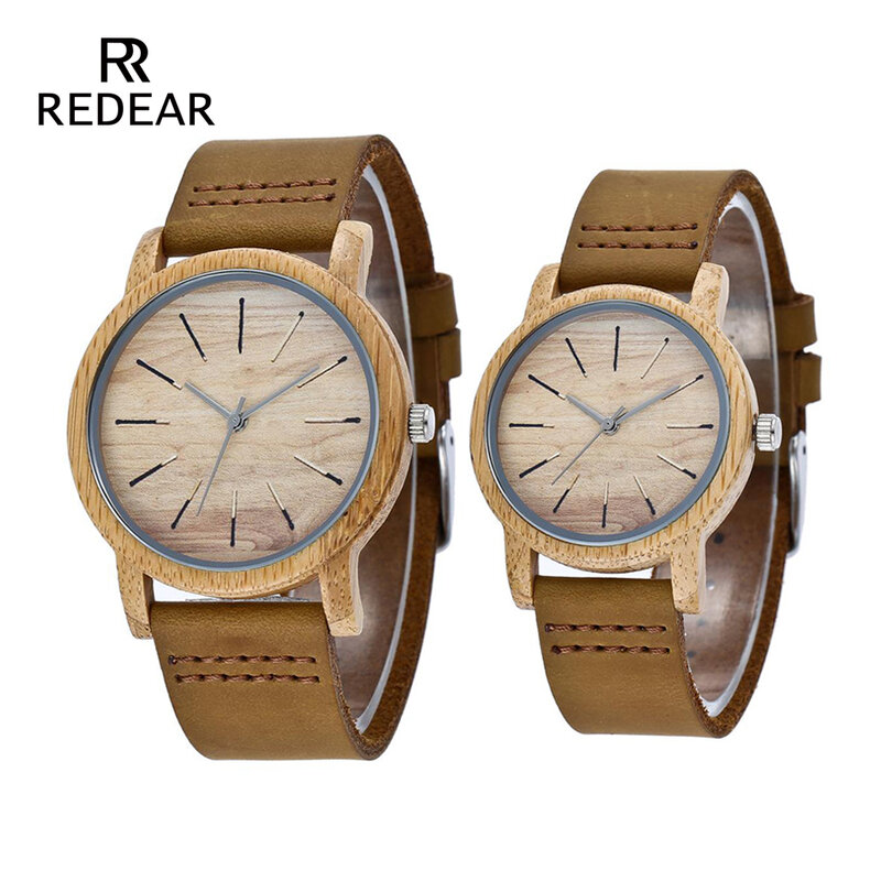 REDEAR-Reloj de bambú para amor, pulsera de madera de lujo con correa de cuero de vaca genuino, reloj deportivo de madera para regalo del Día del Padre