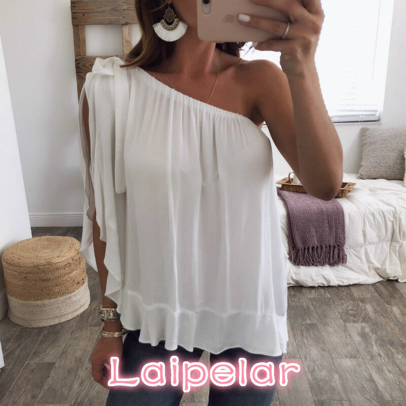 Camisa blanca Sexy para mujer, Top de un hombro con cuello oblicuo, blusa informal holgada de gasa con tirantes finos, 2019