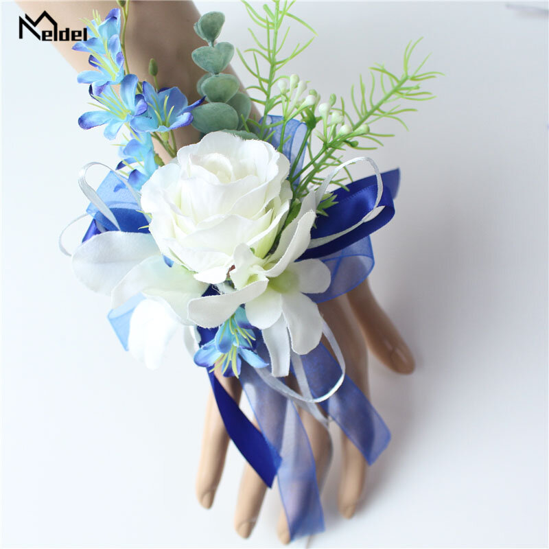 Meldel Corsage Men Wedding Boutonniere Bridal Wrist Corsage Bracelet White Blue Groomsmen Lapel Pin Party Meeting Flowers Decor
