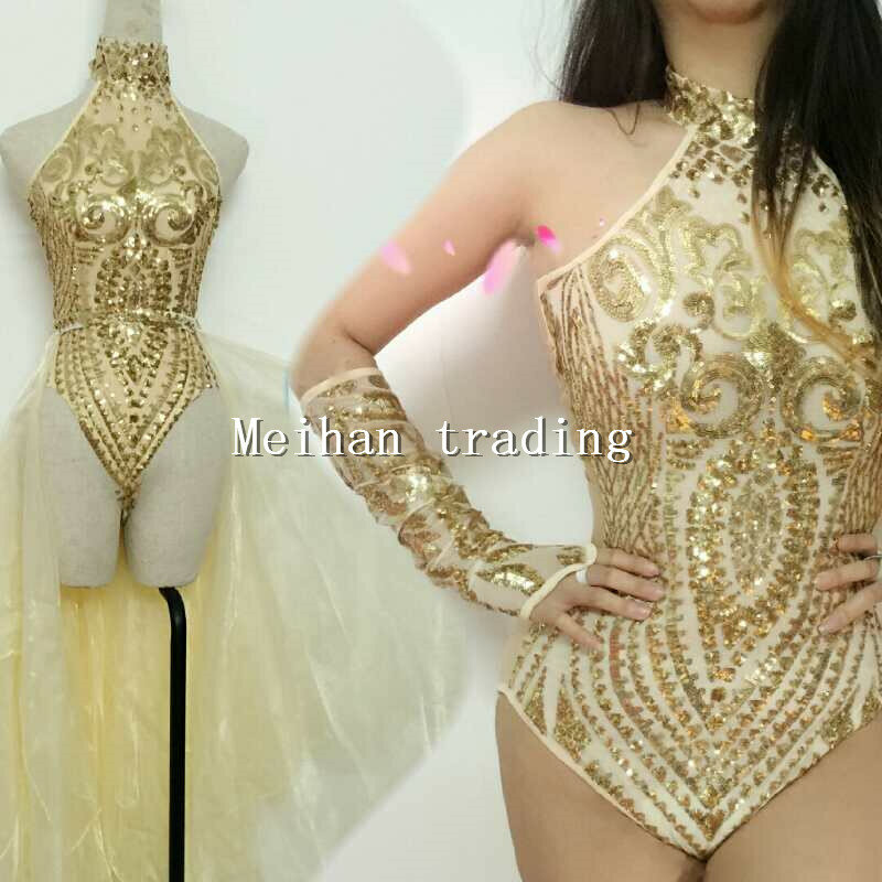 Body com lantejoulas douradas, roupa feminina de duas peças brilhante sexy, fantasia de festa de aniversário, para show, roupa de dança à noite