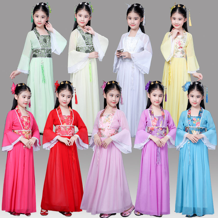 Chinês Antigo Guzheng Roupas Desempenho Trajes Sete Princesa Feericamente das Crianças Trajes de Halloween Dos Miúdos Vestidos para Meninas