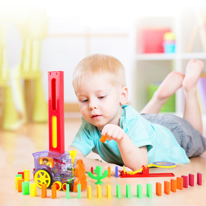 Jogo de dominó de plástico colorido, brinquedo para crianças, meninos e meninas, conjunto de trem de tijolos, automático