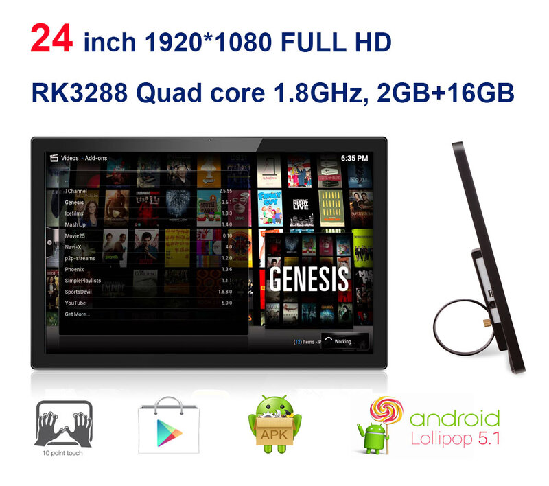 KIOSK-Machine de publicité Smart TV-Android, pompage 24 pouces, PC tout-en-un, Rockfamily3288 Cortex A17 1.8 mesurz, 2 Go DDR3,16 Go nand