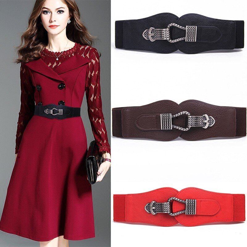 Faja elástica de lujo para mujer, cinturón ancho de diseño de alta calidad, con hebilla de Pin negro Vintage