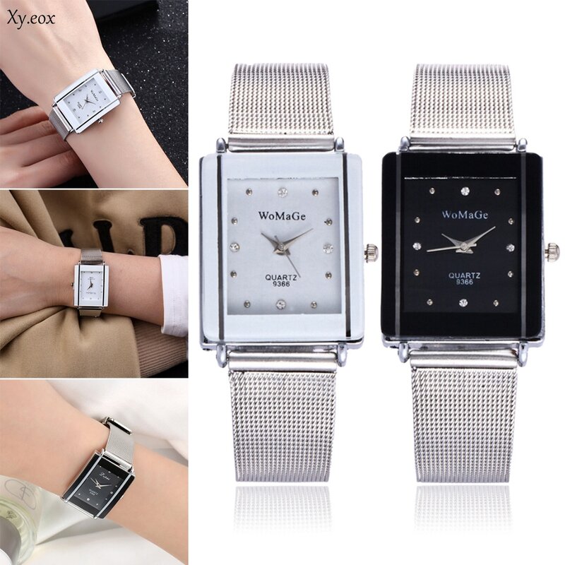 Модные женские мужские кварцевые наручные часы с прямоугольным циферблатом и сетчатым ремешком из нержавеющей стали
