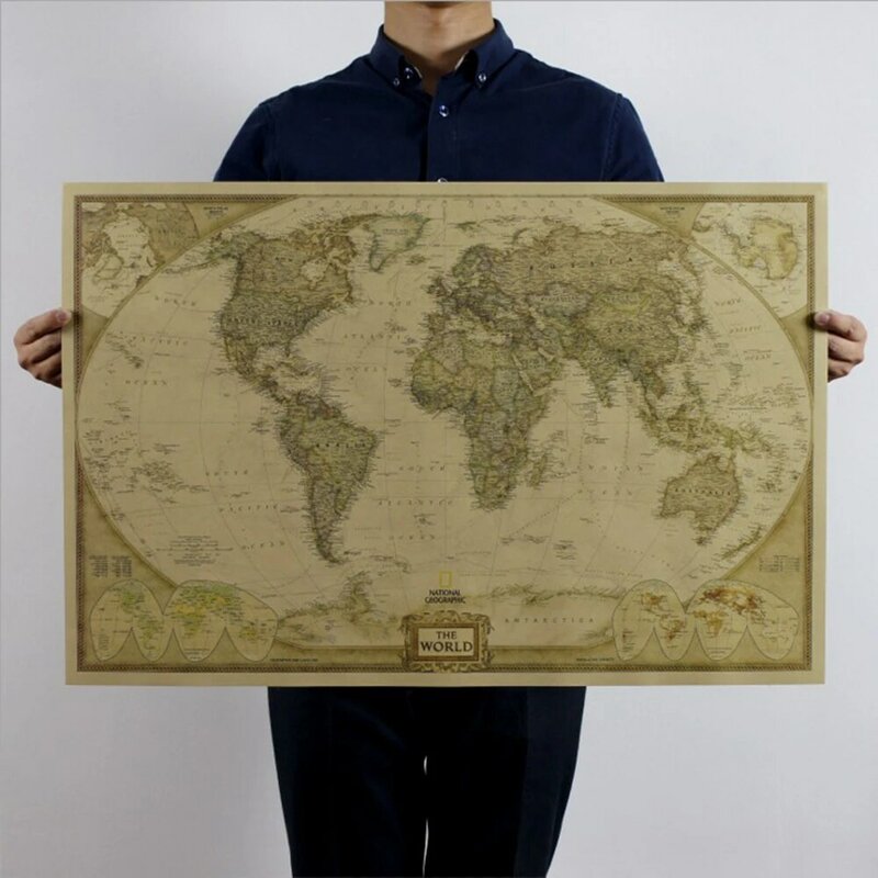 Mapa del mundo Vintage grande, suministros de oficina, póster antiguo detallado, tabla de pared, Papel Kraft mate Retro, 28x18 pulgadas