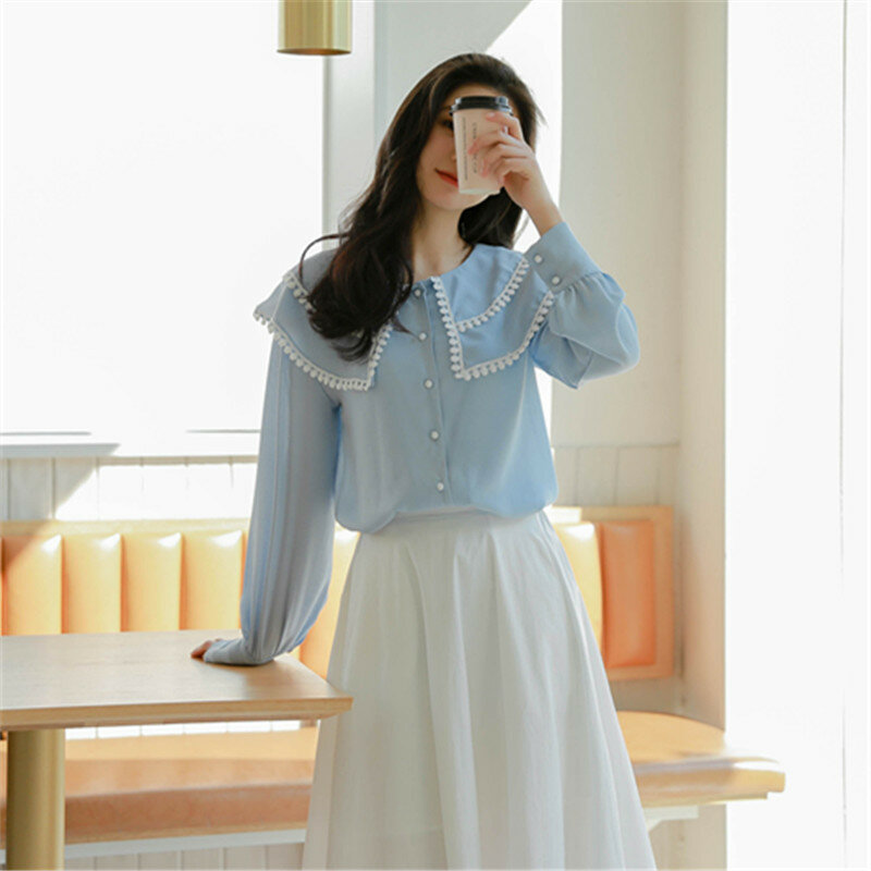 Женская шифоновая рубашка с длинным рукавом, милая блузка в корейском и японском стиле с воротником Питера Пэна, рубашки в стиле преппи для девушек, новинка на весну, H9168