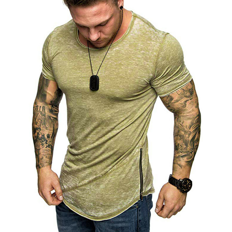 T Shirt Men's Summer Slim Casual Zipper Fit Patchwork Short Sleeve t-shirt Blouse O-Neck Skinny Short Sleeve tshirt Men Fashion