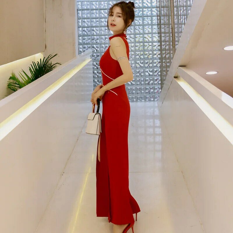 Summer Office Red Stand-up Collar Hollow Out Sleeveless Jumpsuit Women Long Pants Trousers Sexy Lady Bodysuit Catsuit Overall
