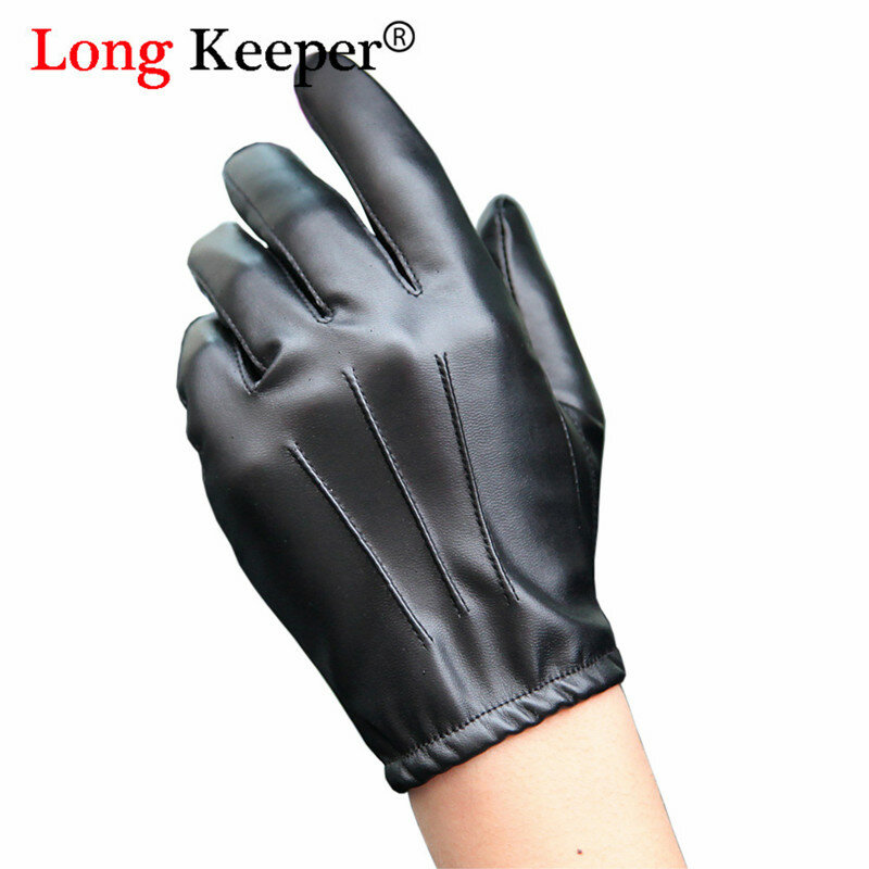 Luvas de couro PU preto longo para homens, estilo fino, antiderrapante, dedos cheios, tela sensível ao toque em palma, moda masculina