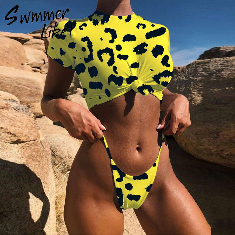 Węzeł krótki top bikini 2020 Leopard stroje kąpielowe kobiety kąpiących żółty push up strój kąpielowy kobiet T-shirt stringi bikini sexy strój kąpielowy