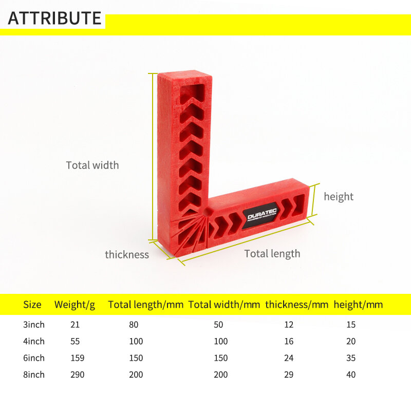 DURATEC — Équerre en plastique avec pinces de clampage, angle de 90º, outil de menuiserie, travail du bois, très robuste, taille 3-4-6-8" selon modèle