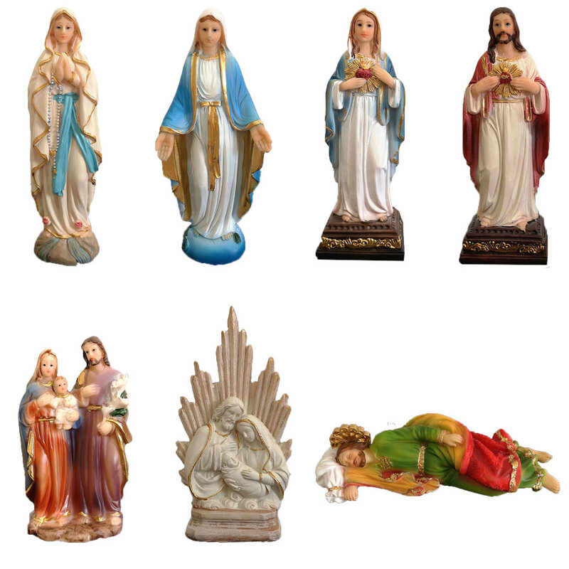 Religijne figurka żywica święta rodzina statua, jezus najświętszego serca statua, najświętsza maryja panna statua, naszej pani z Lourdes wystrój domu