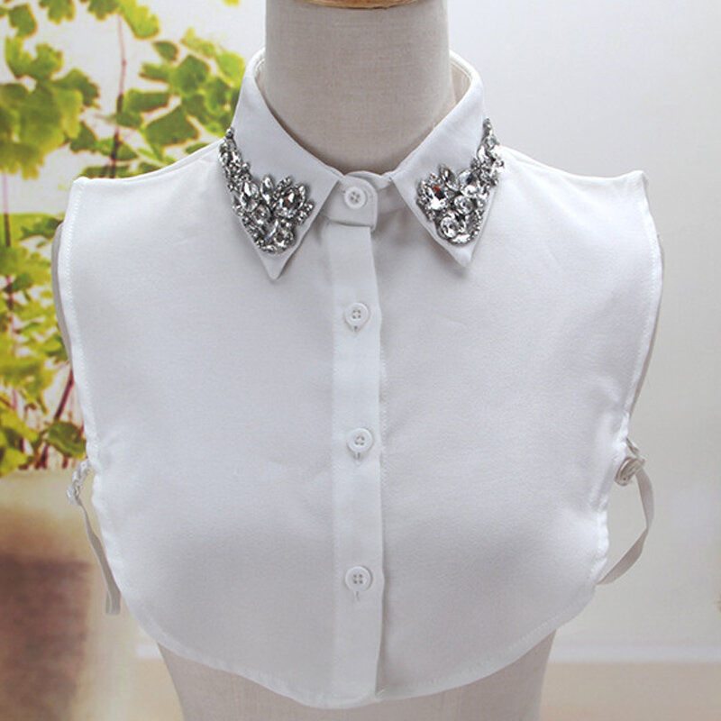 Camisa de colarinho falso bordada branco e preto para mulheres, Blusa Monocromática Acessórios, Camisa de algodão decorativa feminina