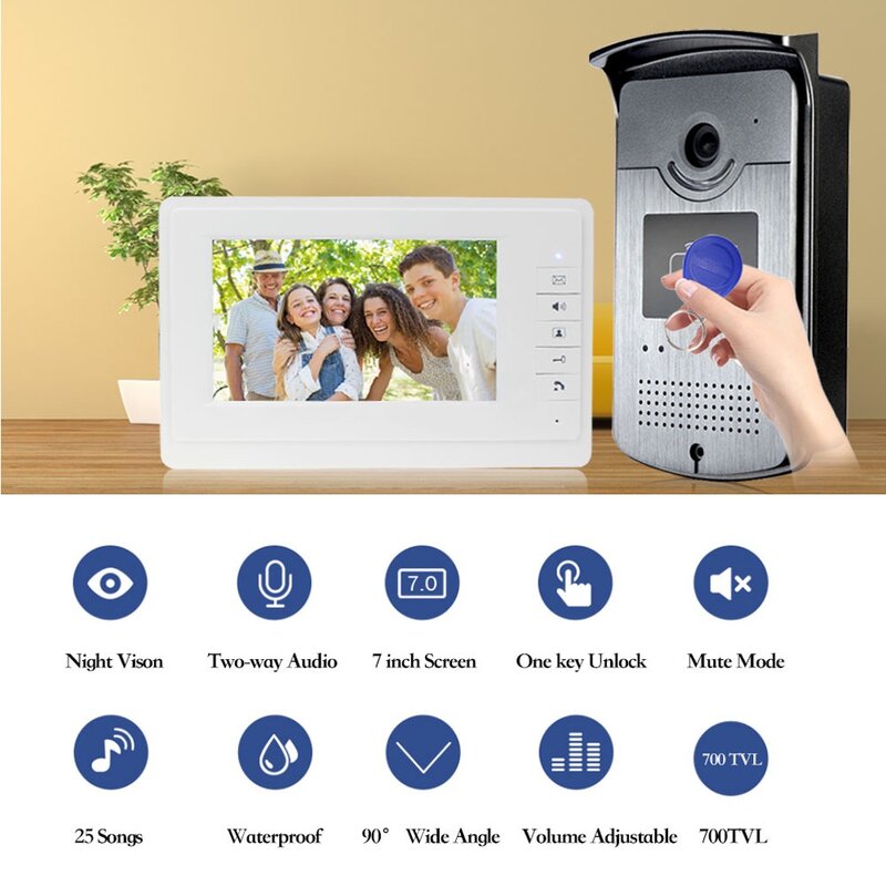 Wired Video Intercom System Door Phone Doorbell Rainproof Outdoor Camera with 7inch Monitor Display High-definition for Home Use
