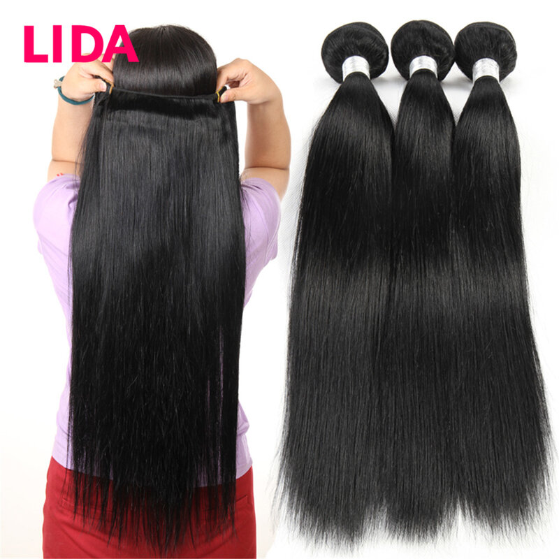 LIDA – tissage en lot brésilien Remy 100% naturel noir lisse, Extensions de cheveux, 100g/pièce, offre en lots de 3