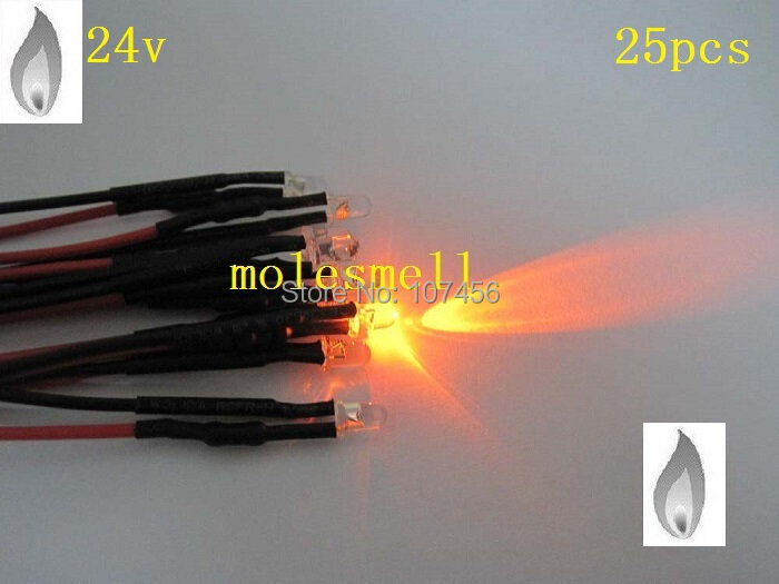 Free shipping 25pcs 3mm orange Flicker 24V Pre-Wired Water Clear LED Leds Candle orange Light 20CM