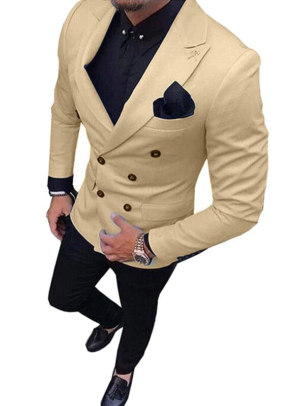 Setelan Pria Slim Fit 2 Buah Jaket Tuksedo Blazer Bisnis Berkancing Dua Baris (Blazer + Celana)