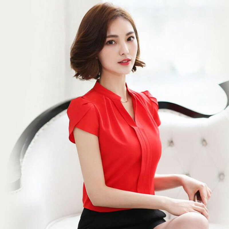 Short Sleeve Chiffon Shirt Large Size Women's Pure Color V Collar Casual Blouse Summer Office Ladies Fashion Slim Work Top H9144