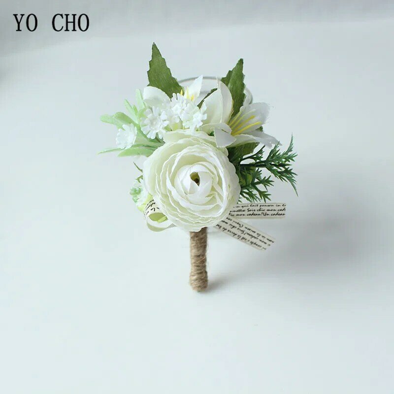 YO CHO Boutonnieres Buttonhole Rose เข็มกลัดจัดงานแต่งงาน Corsages สร้อยข้อมือ Bridesmaids สีขาวเจ้าบ่าวดอกไม้ Boutonniere พิธีดอกไม้