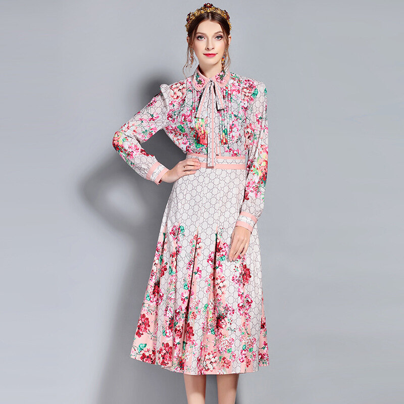 S-3XL impressão de alta qualidade 2019 nova marca de moda artesanal frisado longo-sleeved Magro temperamento arco terno das mulheres dres